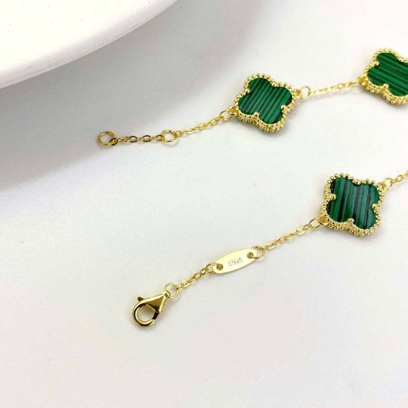 Malachite 18k YG plated Silver Clover bracelet - Picture 3 of 4